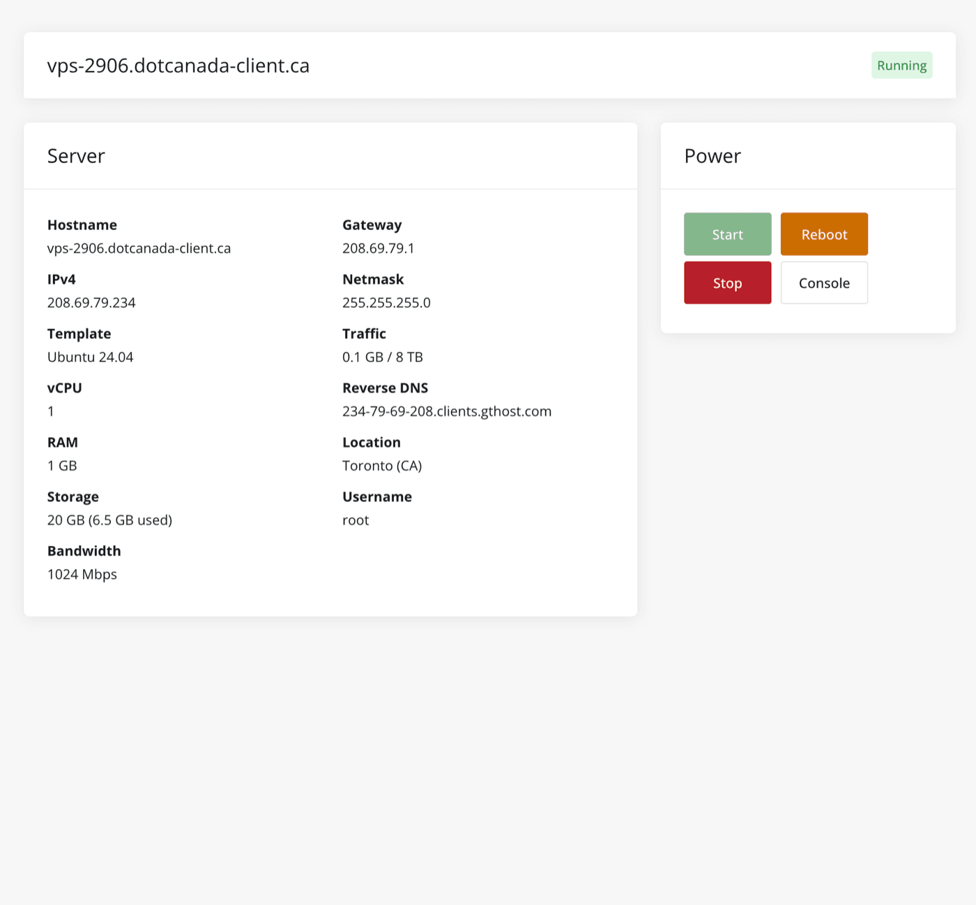 Server details and power controls for a VPS in the dotCanada client area