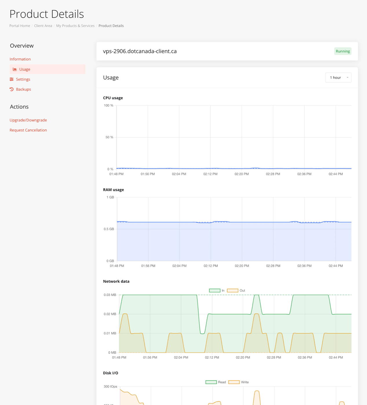 Usage graphs for a VPS in the dotCanada client area